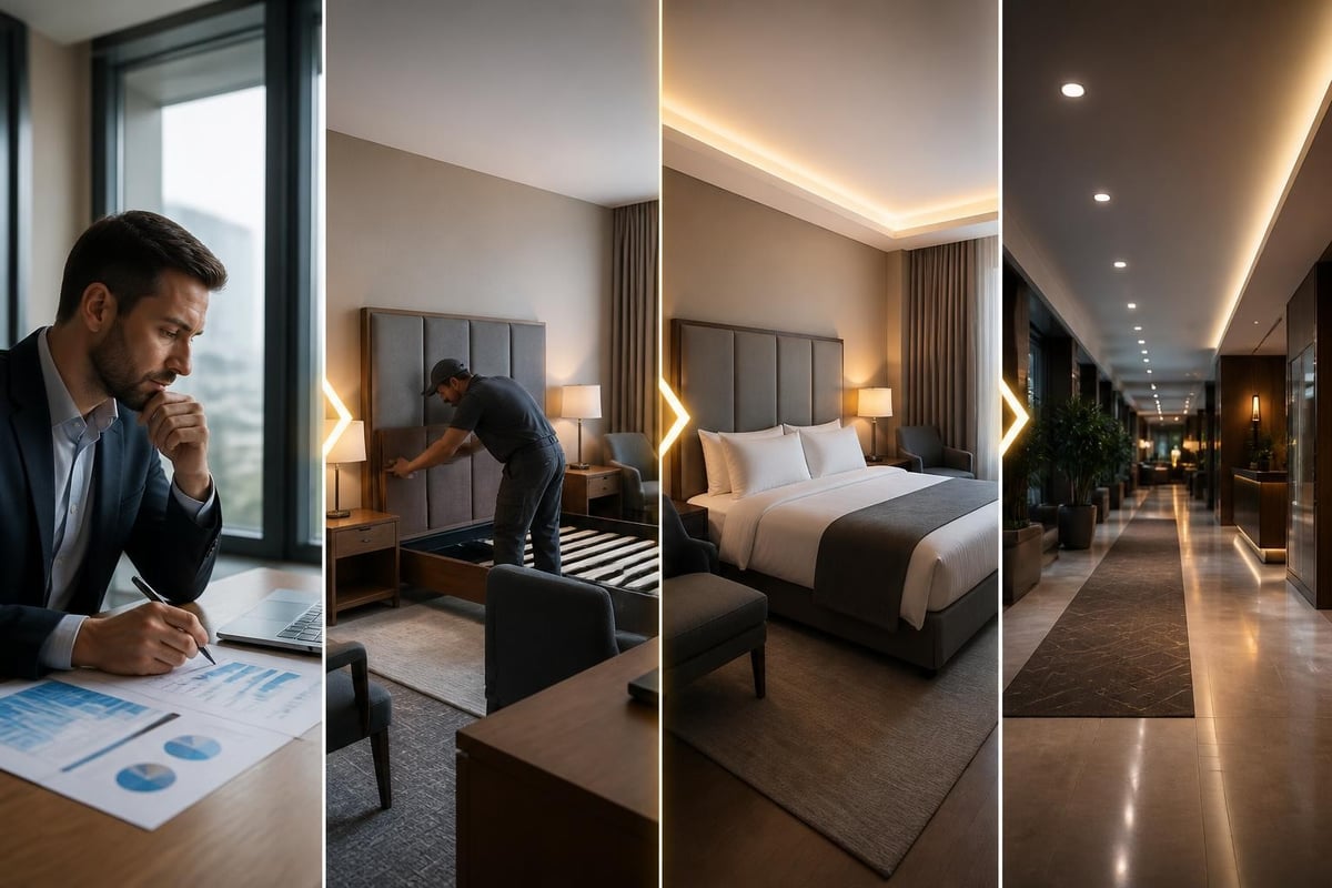 Investitionsabzugsbetrag für Hotels: Planung, Bett-Aufbau, fertiges Zimmer und Hotelflur