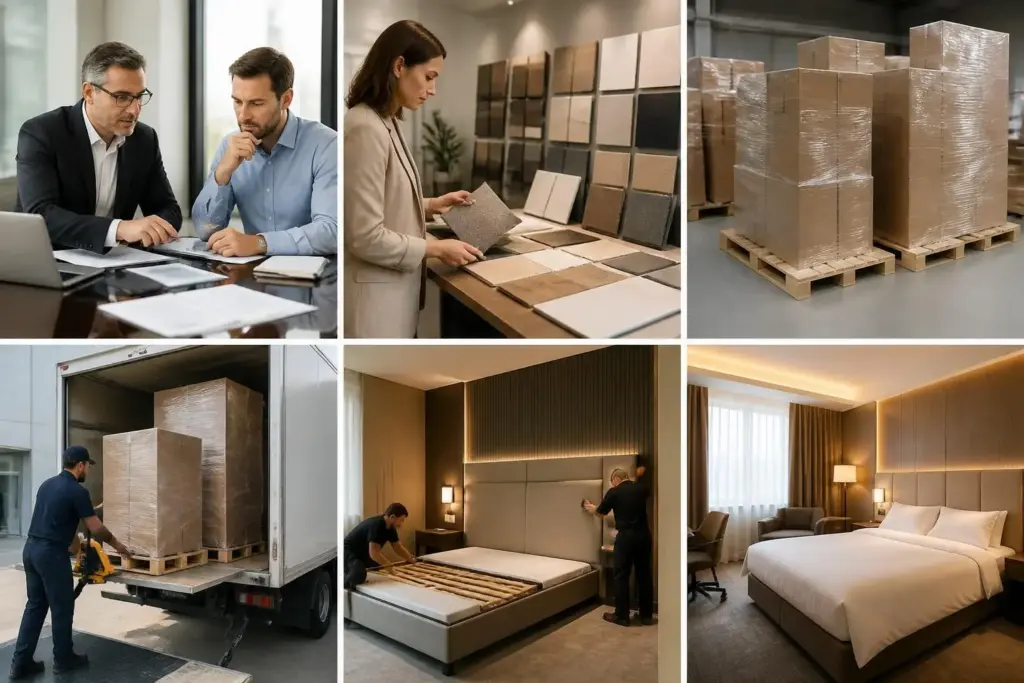 Hotelausstattung Prozess: Beratung, Materialauswahl, Logistik, Montage und fertiges Hotelzimmer mit Bett und Möbeln