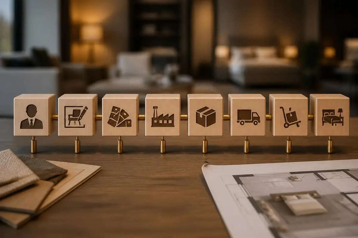 Investitionsbedarf Hotelausstattung: Prozesskette Beratung, Planung, Material, Produktion, Logistik und fertiges Hotelzimmer