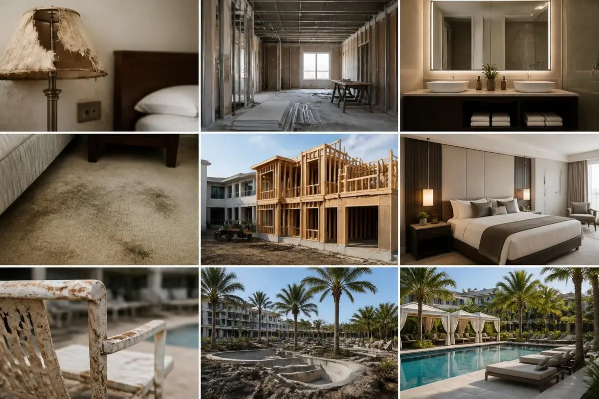 Hotelrenovierung Investitionsbedarf: Sanierung, Umbau und fertige Premiumausstattung mit Bad, Schlafzimmer und Pool