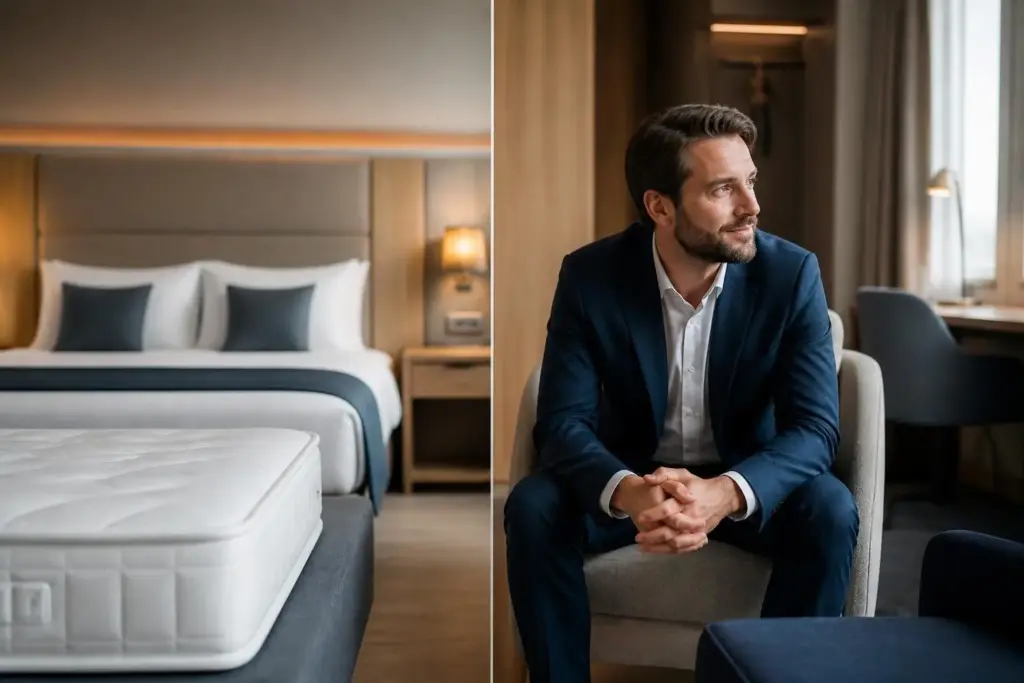 Hotelbett mit weißer Bettwäsche und Unternehmer in Anzug bei Hotelinvestition 2026