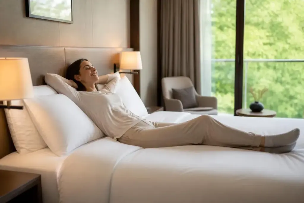 Schlafkomfort als Wettbewerbsvorteil: Hotelmatratzen und Bettwaren gezielt investieren - Hantermann - Der Hotelausstatter Frau entspannt auf Hotelbett mit weißen Kissen und Bettwäsche in modernem Hotelzimmer mit Tageslicht