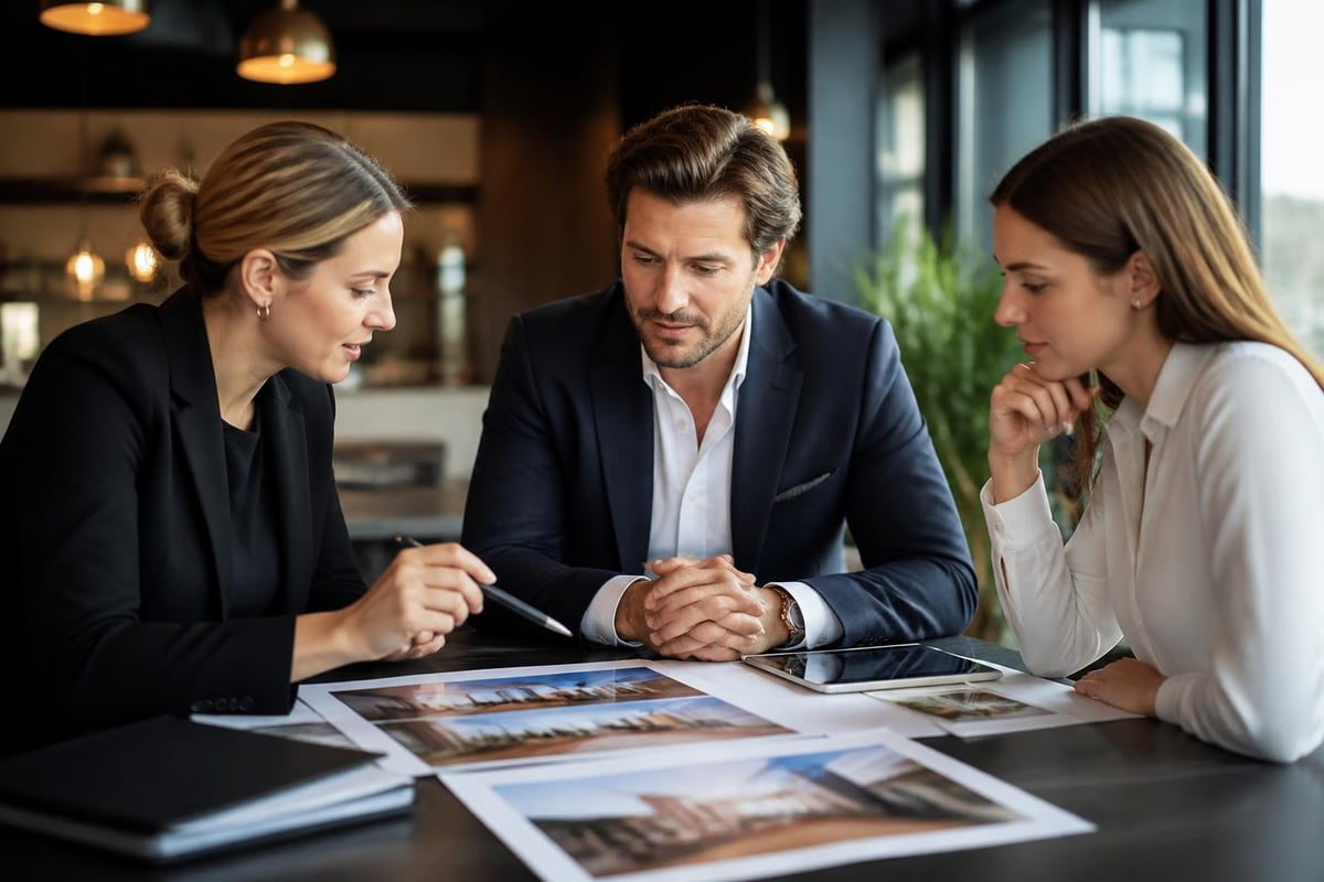 Team bespricht Investitionsentscheidungen 2026 für Hotellerie mit Steuern, Förderung und AfA am Tisch.