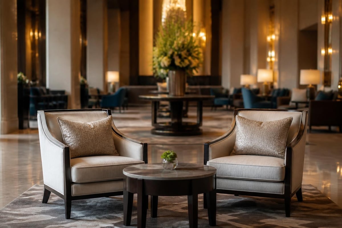 Lounge eines Luxushotels als Fokus für Investitionsentscheidungen 2026 mit Steuern, AfA und Förderung.