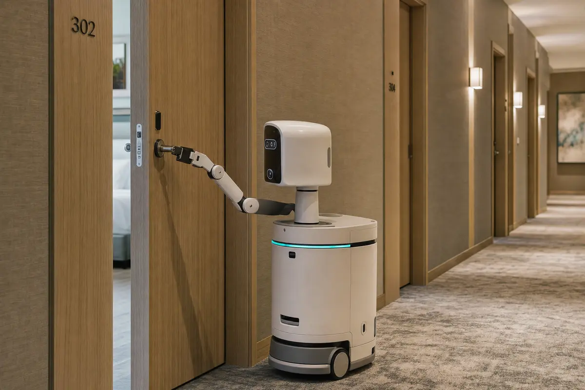 Service-Roboter öffnet Hotelzimmertür mit Roboterarm: Automatisierte Zimmerkontrolle und Qualitätsprüfung im Hotel
