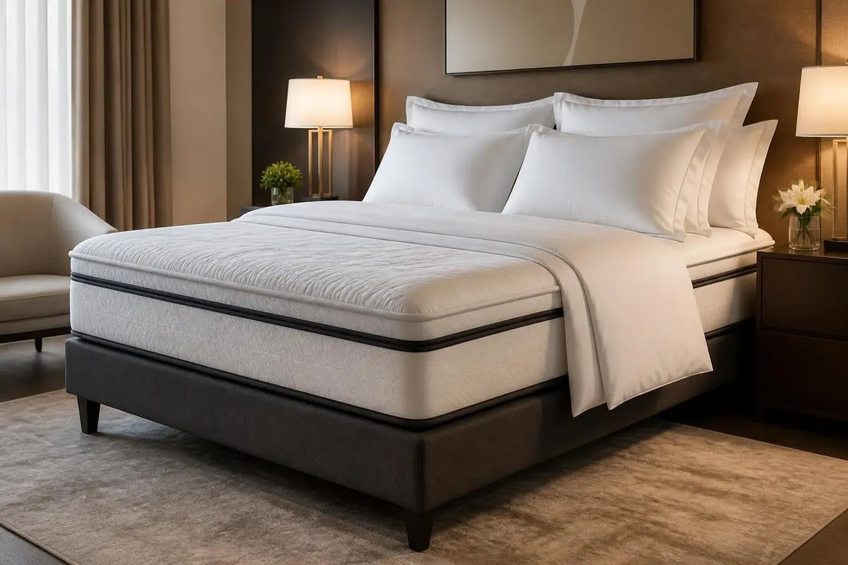 Hochwertige Hotelmatratze mit Pillow-Top-Auflage in luxuriösem Hotelzimmer mit weißer Bettwäsche und Dekoration