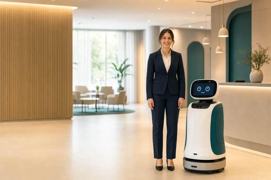Service-Roboter neben Hotelmitarbeiterin an moderner Hotelrezeption: Mensch-Roboter-Kollaboration im Hospitality-Bereich