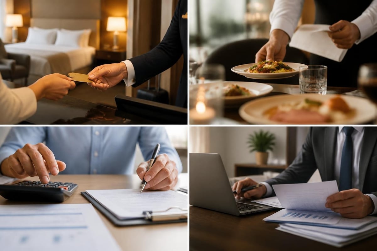 Hotelzimmer, Restaurantservice und Buchhaltung verdeutlichen die Steuerplanung im Hotelgewerbe 2026