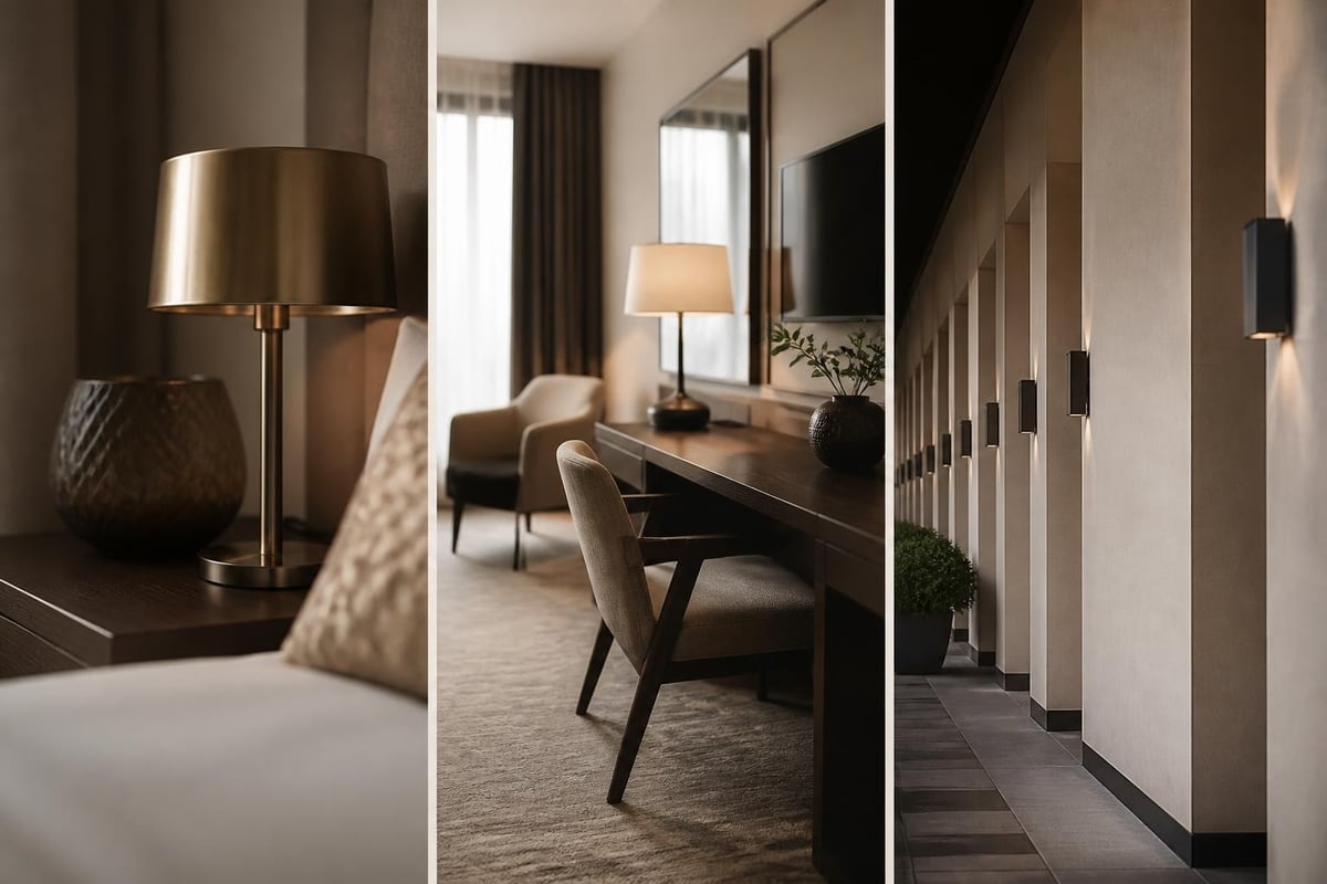 Hotelzimmer mit Möbeln, Leuchten und Flur als Beispiel für Investitionen und Abschreibungen im Hotelgewerbe