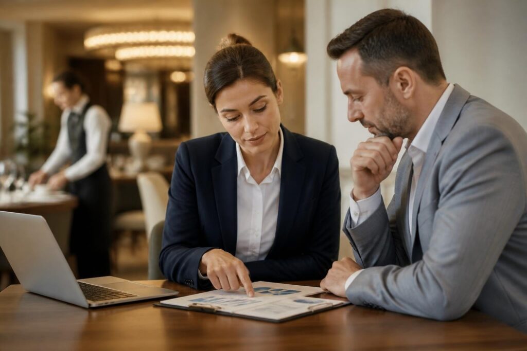 Hoteliers und Gastronomen besprechen Steueroptimierung 2026 mit Investitionsabzug, AfA und Umsatzsteuer-Tipps am Tisch.