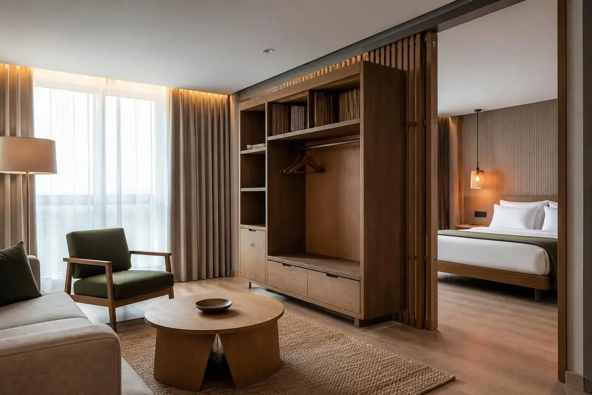 Moderne Hotelzimmereinrichtung im Japandi-Stil mit Holzraumteiler, Sofa und Plattformbett in warmen Naturtönen
