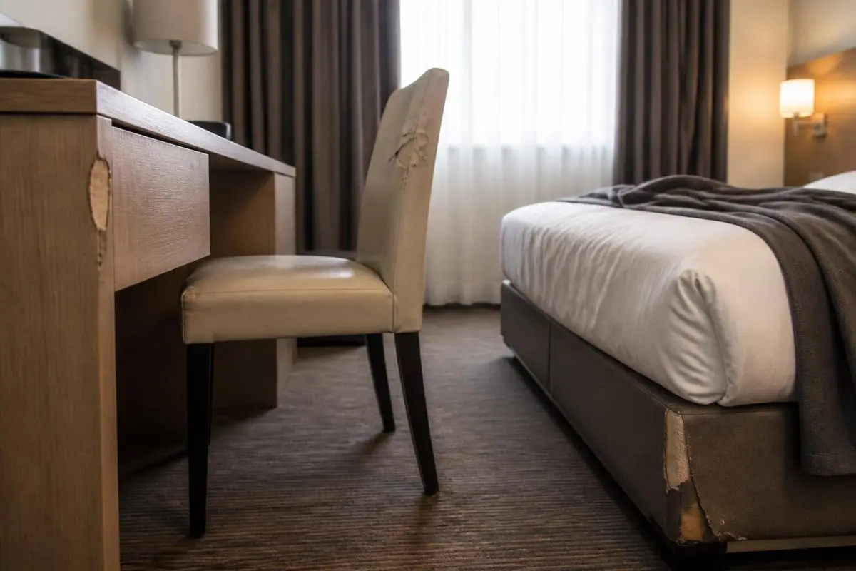 Abgenutzte Hotelzimmereinrichtung mit beschädigtem Schreibtisch, eingerissenem Stuhl und defektem Bettgestell als Beispiel