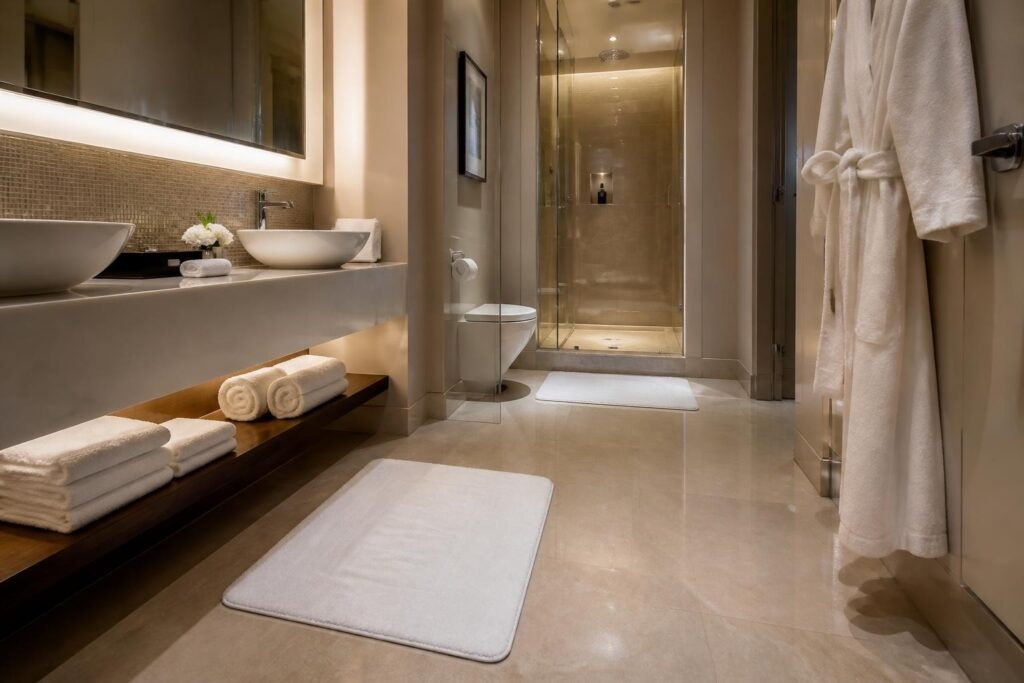 Badvorleger im Hotel: Sicherheit trifft Komfort - Hantermann - Der Hotelausstatter Weiße Badvorleger, Handtücher und Bademäntel in einem modernen Hotelbad mit Dusche