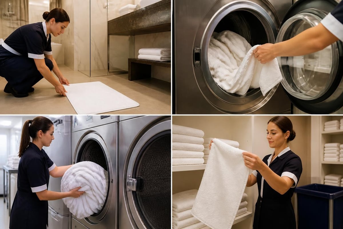 Housekeeping reinigt, trocknet und prüft weiße Badvorleger für saubere Hotelbäder.
