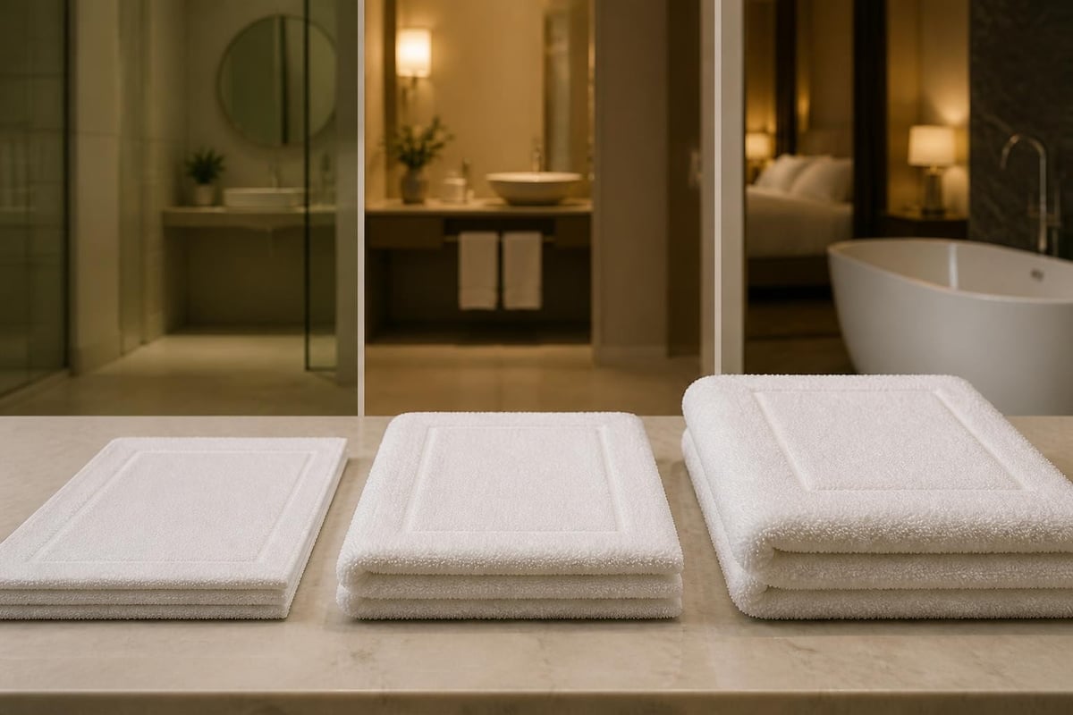 Weiße Badvorleger in verschiedenen Größen vor einem modernen Hotelbad mit Dusche und Badewanne.