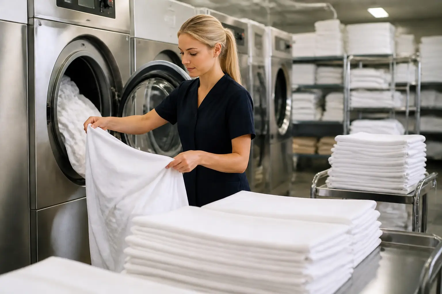 Professionelle Hotelwäsche mit weißer Bettwäsche in Hotelqualität für hygienische Gästezimmer