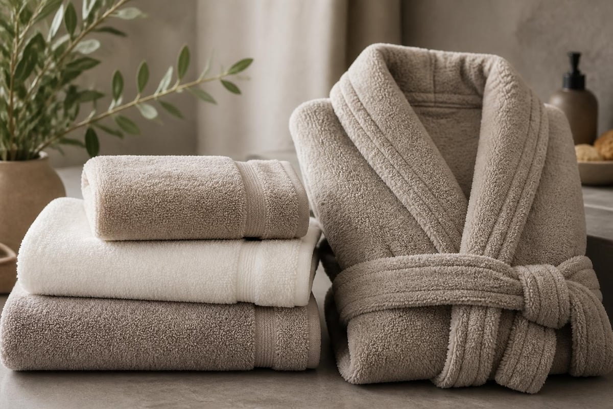 Bio-Walkfrottier Bademantel mit Handtüchern für nachhaltigen Komfort im Hotelbad