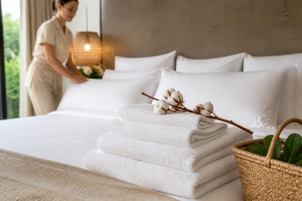 Bio-Baumwolle im Hotel: Nachhaltige Textilien für höchsten Komfort - Hantermann - Der Hotelausstatter Bio-Baumwolle im Hotelzimmer: Weiße Handtücher auf frisch bezogenem Bett