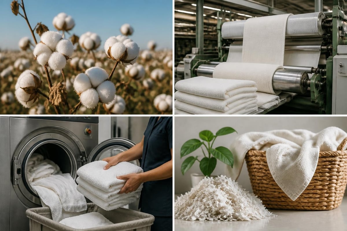 Baumwolle, Textilproduktion, Hotelwäsche und recycelte Frottierware im Kreislauf der Hotel-Duschtücher.