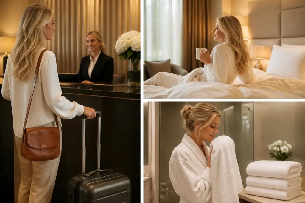 Hotelhandtücher für Gäste: Komfort, Qualität & Wellness - Hantermann - Der Hotelausstatter Hotelgast beim Check-in, im Bett und im Bad mit weichen weißen Hotelhandtüchern