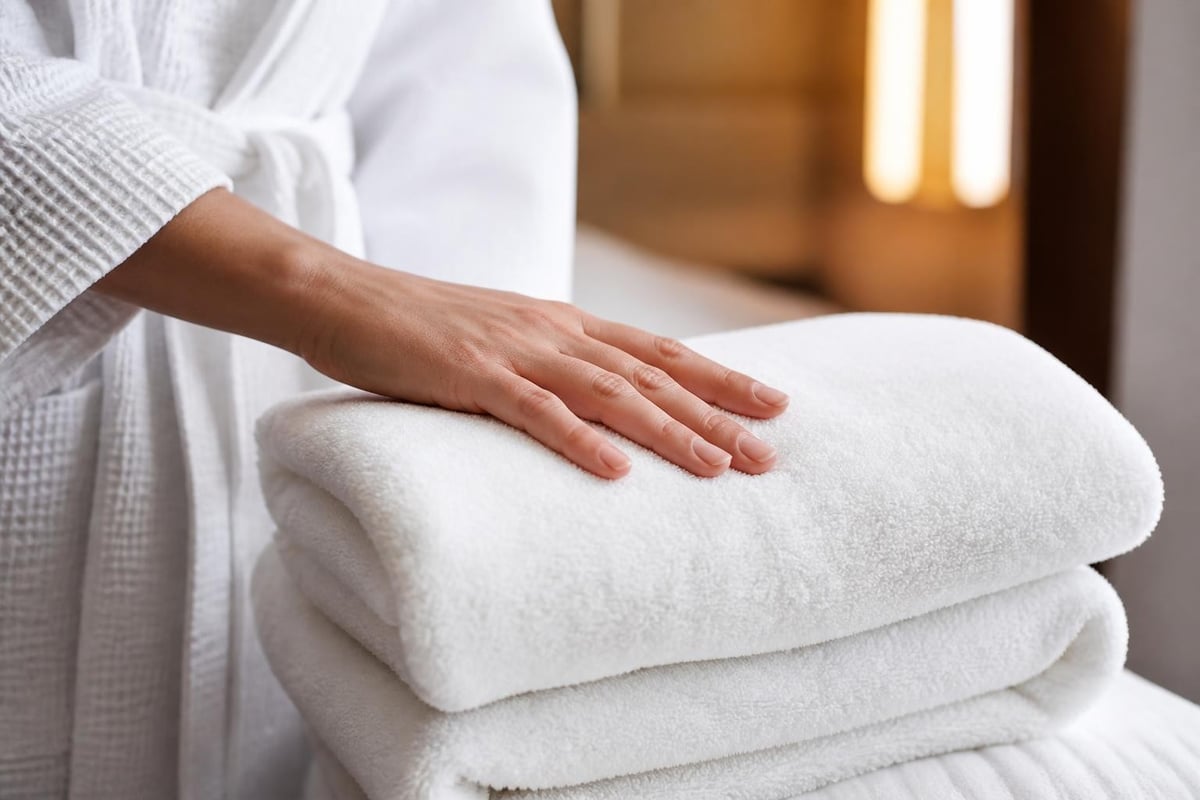 Weiche weiße Hotelhandtücher im Stapel mit Hand einer Person im Bademantel