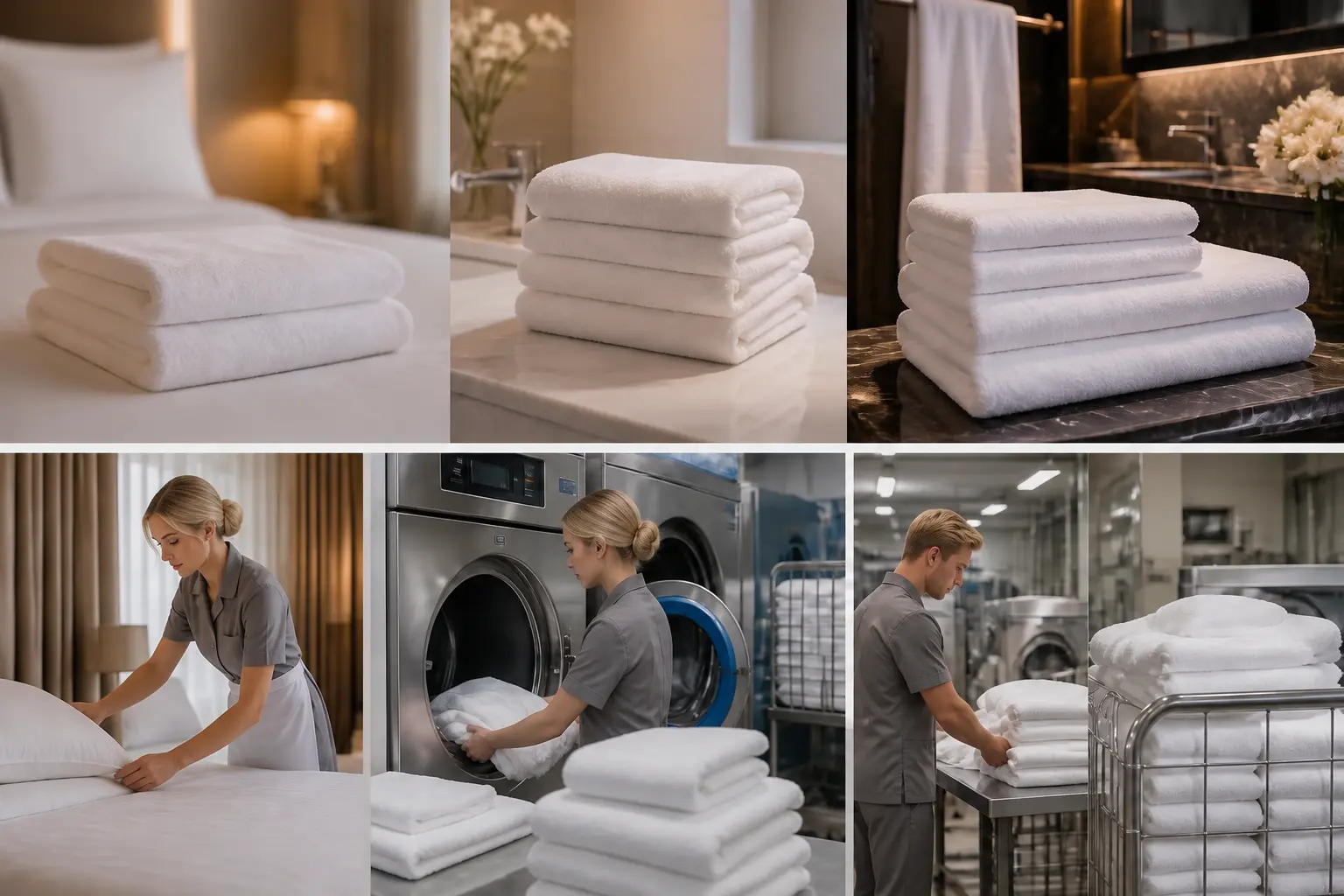 Housekeeping-Team pflegt weiße Hotelhandtücher in Gästezimmer und Wäscherei