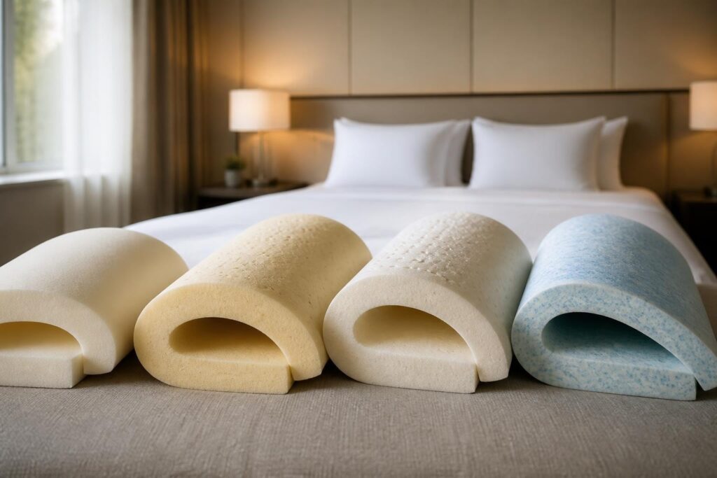 Vier Matratzentopper aus Schaumstoff vor einem komfortabel bezogenen Hotelbett