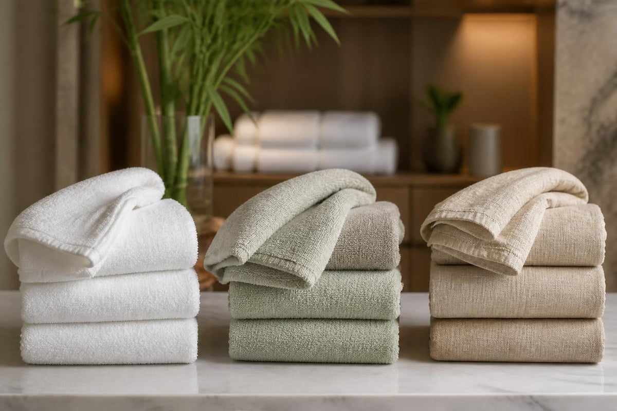 Gefaltete Seiftücher in Weiß, Salbeigrün und Beige für ein stilvolles Hotelbad.