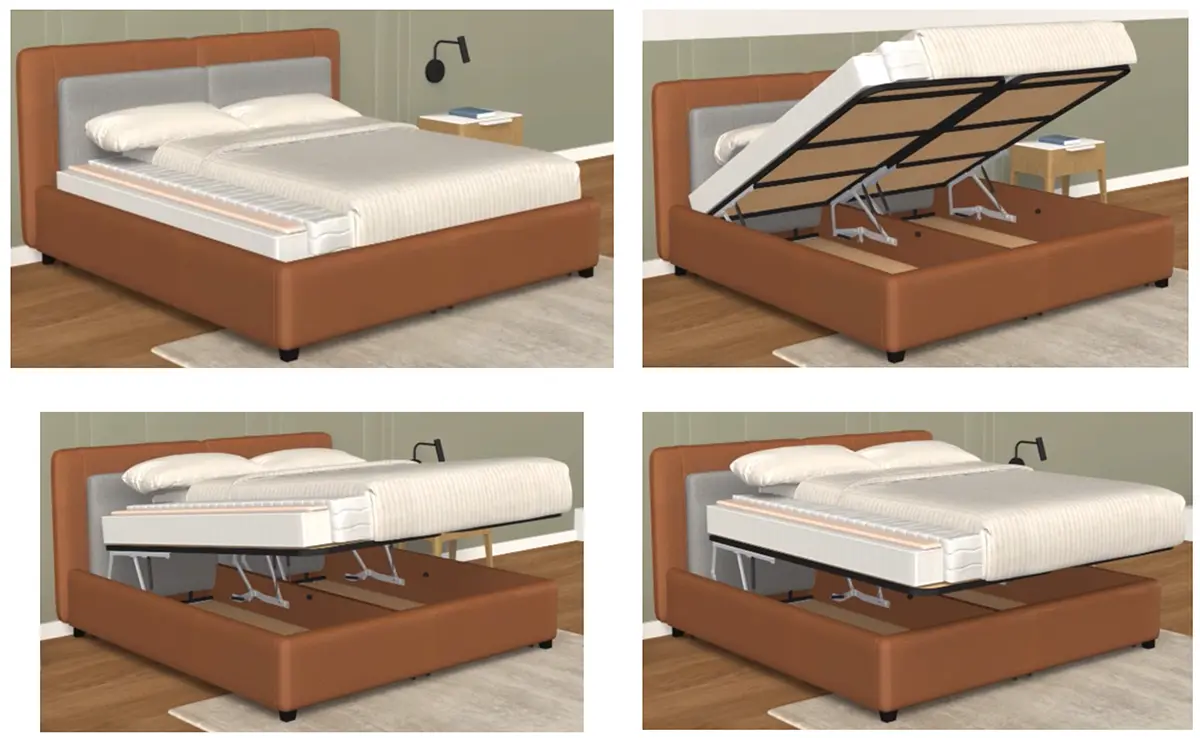 Hebebett Ventura bei Hantermann mit anhebbarer Liegefläche - Hantermann - Der Hotelausstatter Hebebett Ventura mit braunem Polsterrahmen und gepolstertem Kopfteil in vier Positionen der Hubmechanik.