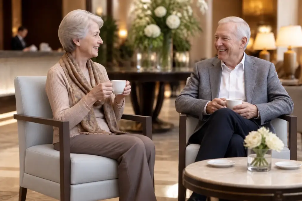 Zwei Senioren mit Tassen auf hell gepolsterten Stühlen mit Holzarmlehnen in einer eleganten Hotellounge.