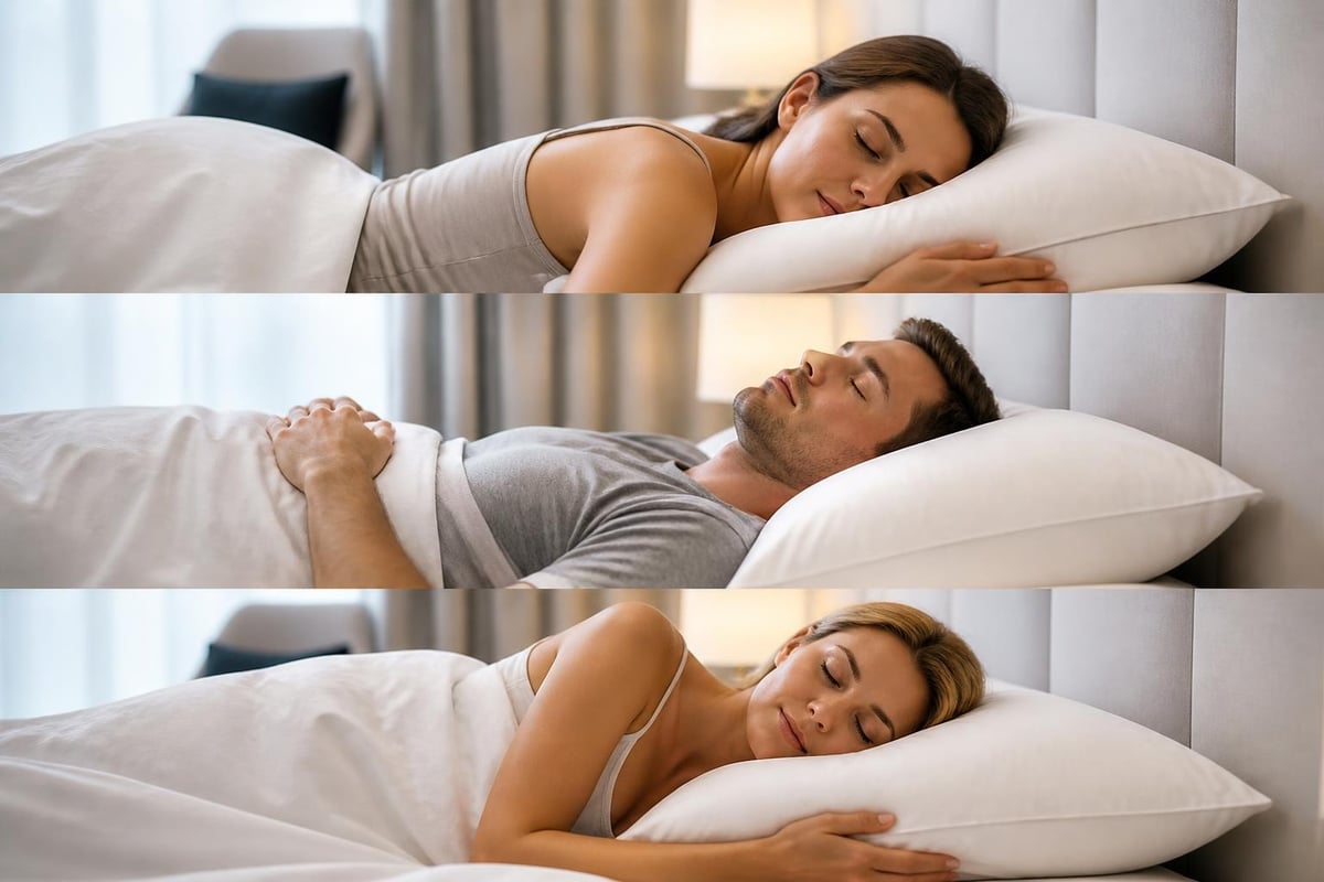 Drei Schlafpositionen im Hotelbett: eine Frau in Bauchlage, ein Mann in Rückenlage und eine Frau in Seitenlage.
