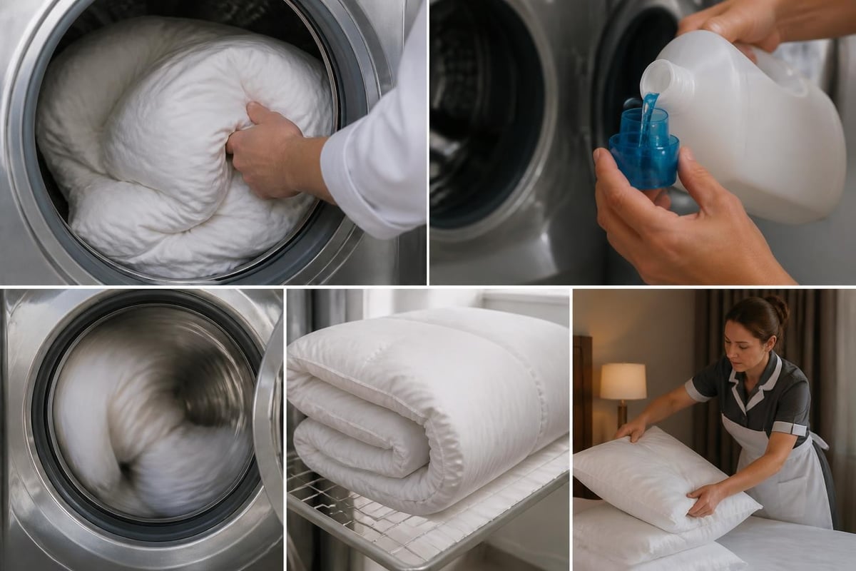 Collage zur Kissenpflege: Waschmaschine beladen, Waschmittel dosieren, Wäsche trocknen und Kissen im Hotel aufschütteln.