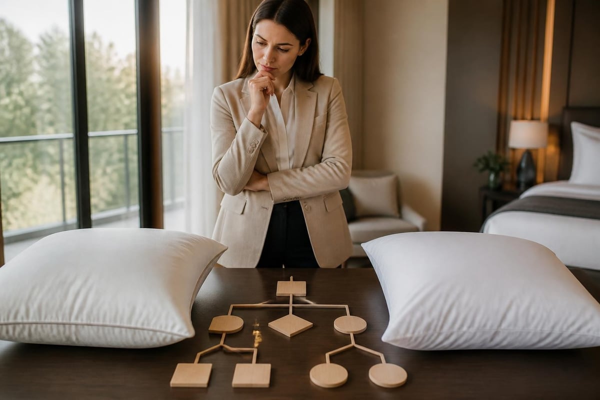 Eine Frau vergleicht zwei weiße Kopfkissen neben einem Entscheidungsdiagramm aus Holz auf einem Tisch im Hotelzimmer.