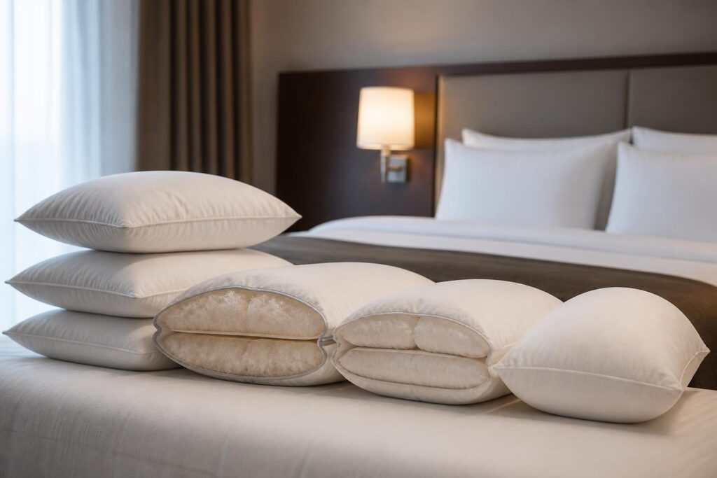 Weiße Daunenkissen auf einem Hotelbett, daneben zwei aufgeschnittene Kissen mit sichtbarer Füllung und Kammeraufteilung.