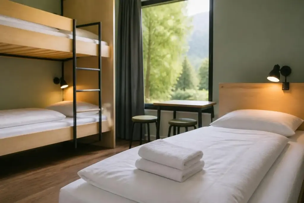 Jugendherbergen-Ausstattung für einladende Mehrbettzimmer - Hantermann - Der Hotelausstatter Jugendherbergszimmer mit Etagenbett, Einzelbett, Holzdekor, Leselampen und Sitzplatz am Fenster