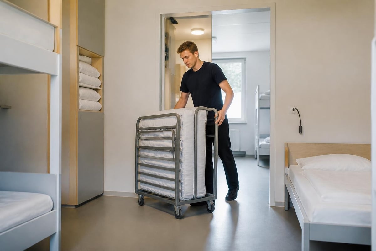 Mann schiebt ein zusammengeklapptes Gästebett auf Rollen durch ein Jugendherbergszimmer mit Etagenbetten
