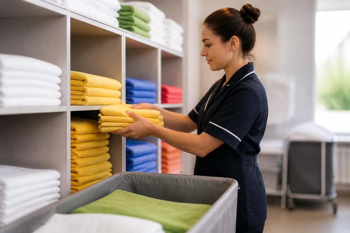 Housekeeping-Mitarbeiterin sortiert gelbe Handtücher in ein Regal mit farblich geordneter Wäsche