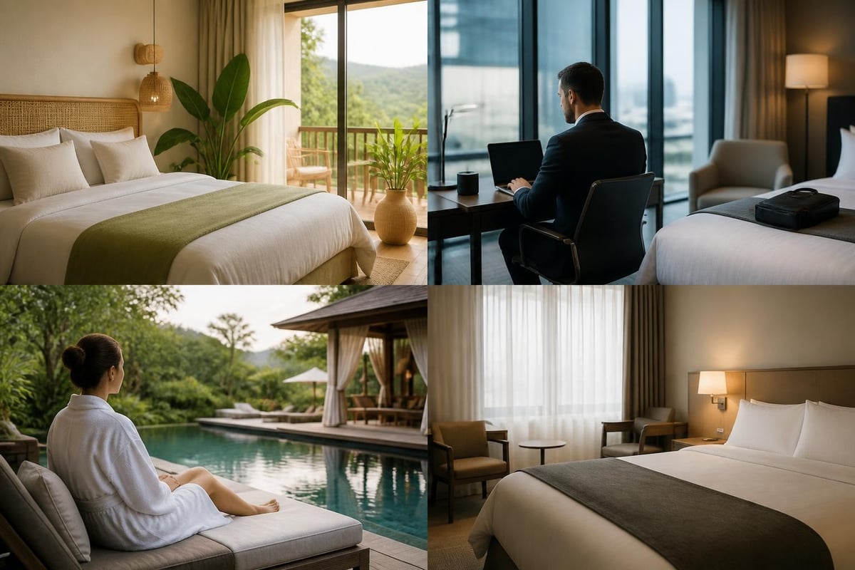 Hotelcollage mit naturnahem Schlafzimmer, Geschäftsreisendem am Laptop, Frau im Bademantel am Pool und Doppelzimmer.