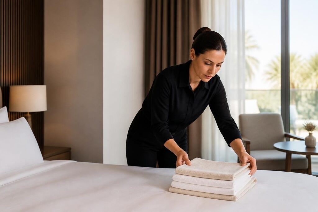 Housekeeping-Mitarbeiterin legt gefaltete weiße und beige Handtücher auf ein frisch bezogenes Hotelbett.