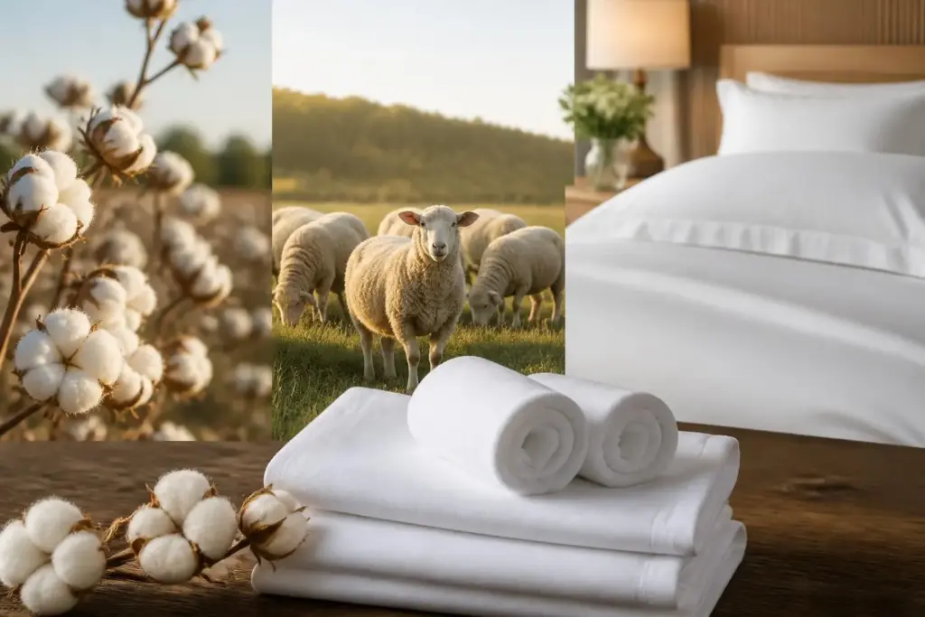Collage zu KBA und KBT Produkten: Baumwollpflanzen, Schafe auf einer Weide, weiße Handtücher und ein Hotelbett