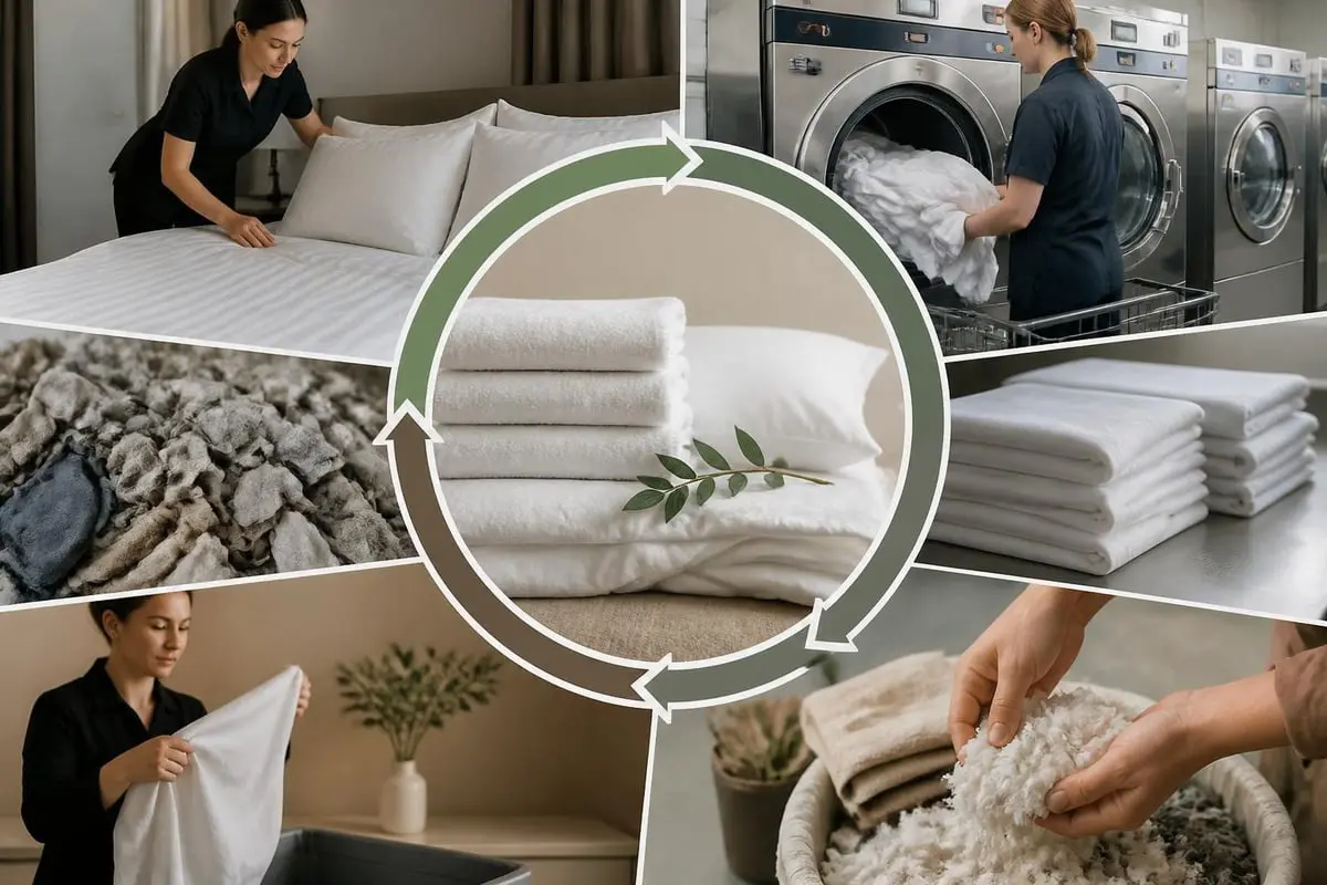 Kreislauf-Collage mit Hotelbett, Wäscherei, Wäschekontrolle, gefalteten Handtüchern und losen Textilfasern