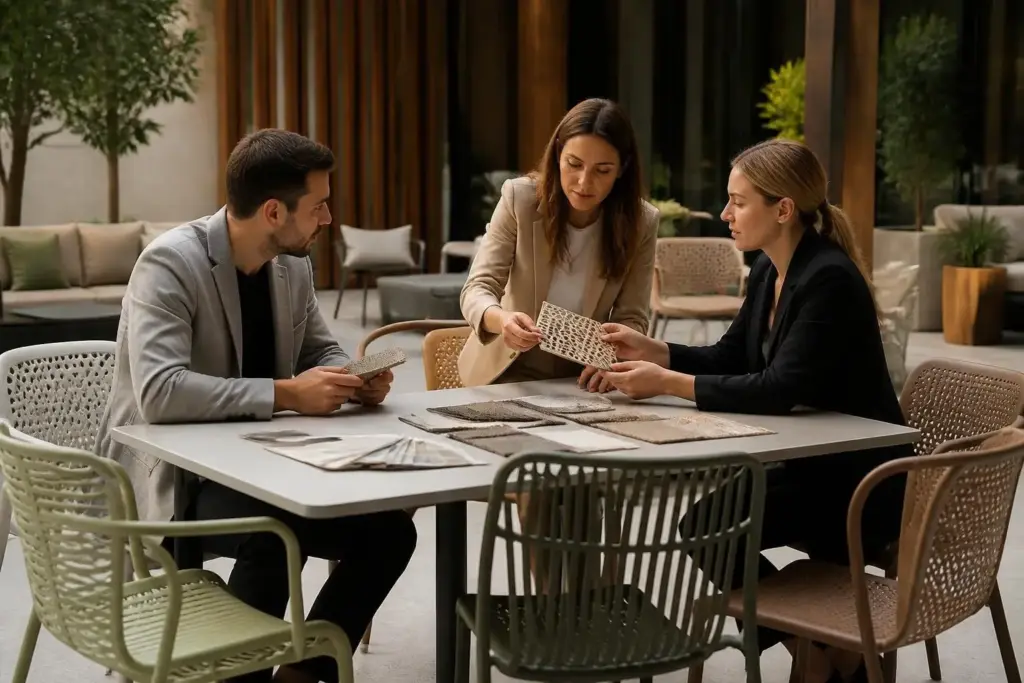 Drei Personen vergleichen Materialmuster an einem Tisch mit Geflechtstühlen für Hotel und Gastronomie.