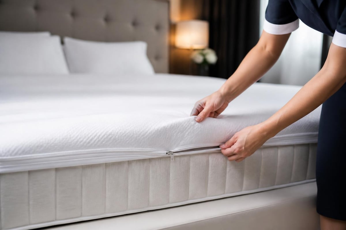 Housekeeping-Mitarbeiterin zieht einen weißen Matratzenbezug mit Reißverschluss über eine Hotelmatratze.