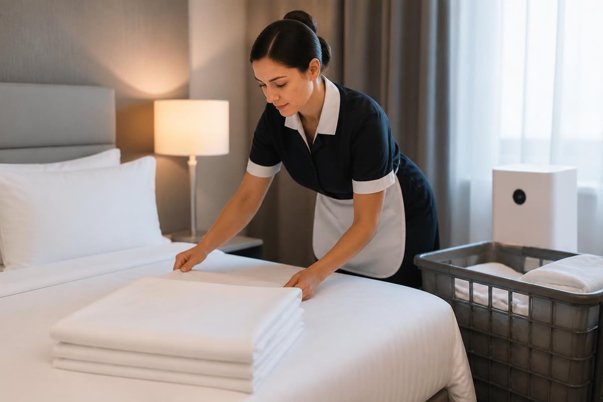 Housekeeping-Mitarbeiterin richtet weiße Bettwäsche auf einem Hotelbett neben einem Wäschekorb.