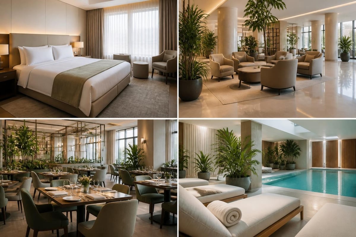 Collage aus Hotelzimmer, Lobby mit Polstersesseln, Restaurant und Wellnessbereich mit Pool und Liegen.