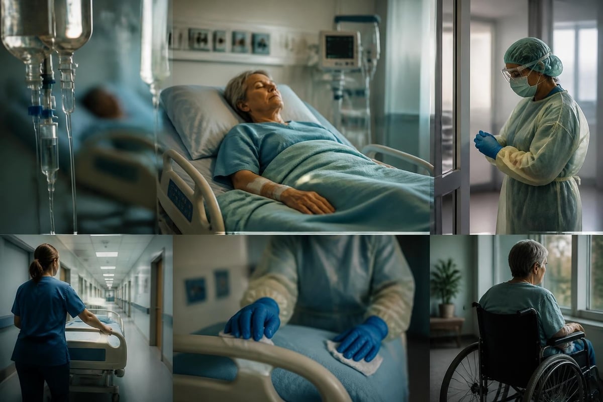 Klinik-Collage mit Patienten, Pflegepersonal in Schutzkleidung und Reinigung eines Bettgitters