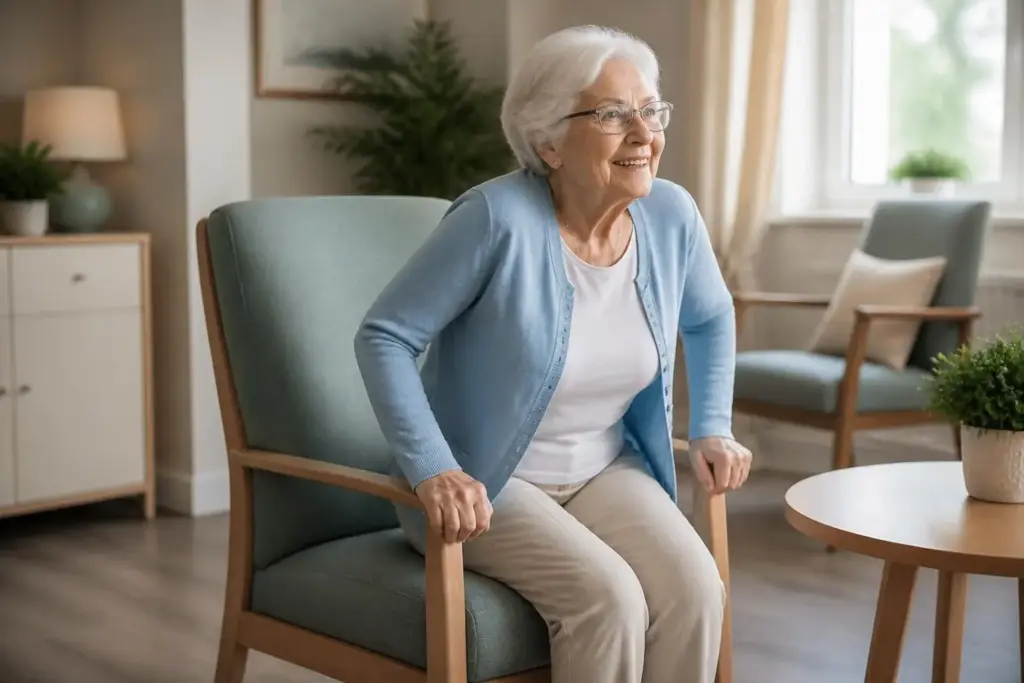 Seniorin stützt sich beim Aufstehen auf die Holzarmlehnen eines gepolsterten Stuhls mit hoher Rückenlehne.