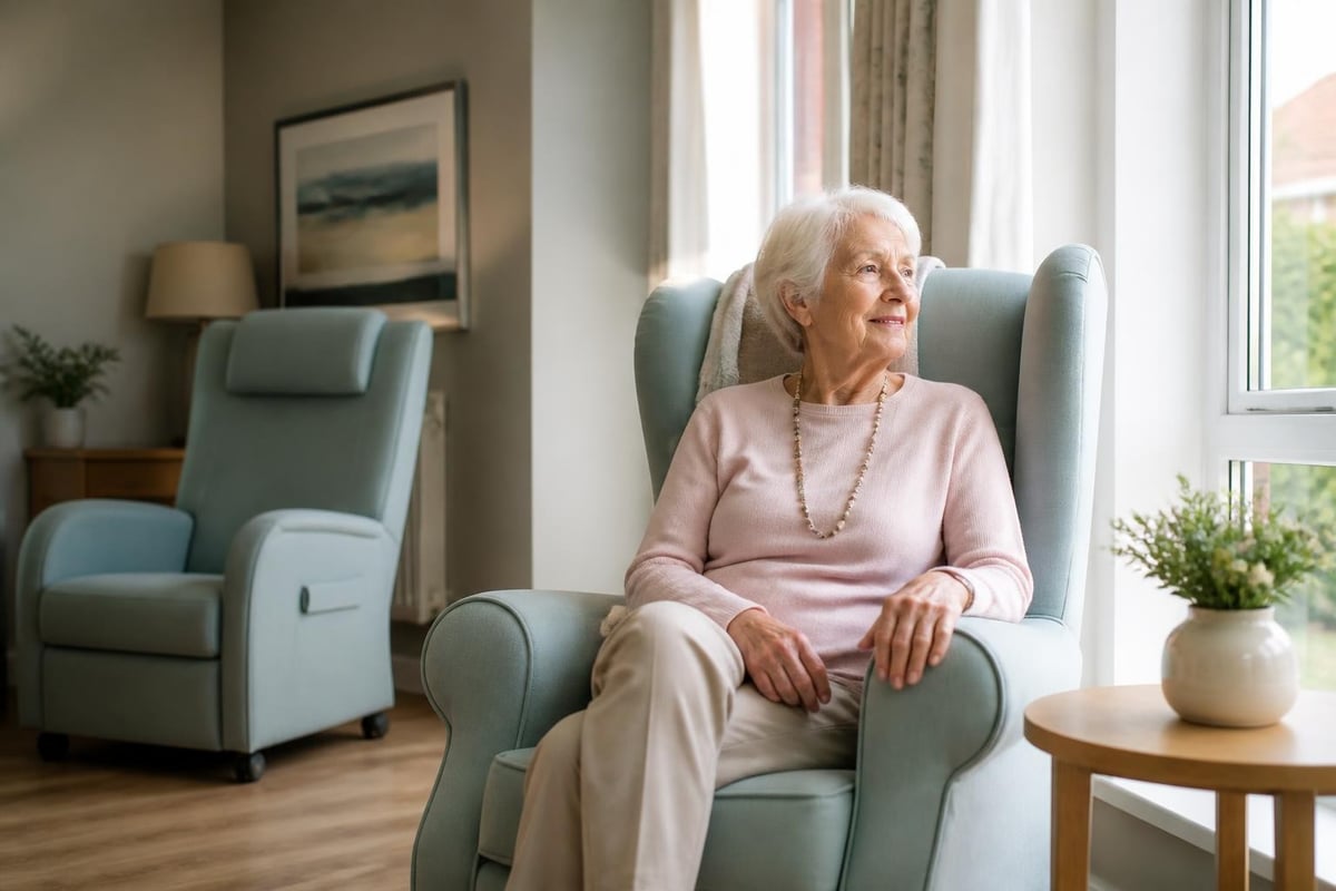 Seniorin sitzt in einem hellblauen Ohrensessel mit gepolsterten Armlehnen am Fenster eines wohnlichen Aufenthaltsraums.