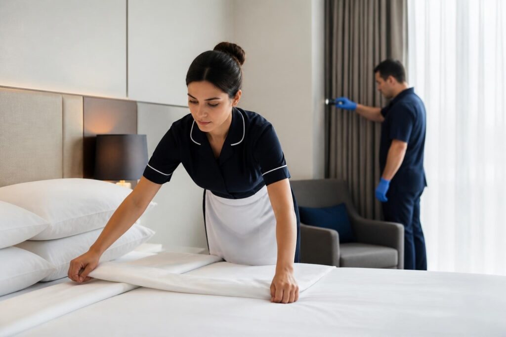 Ungeziefer im Hotel: Zimmerkontrolle und sorgfältige Bettenpflege - Hantermann - Der Hotelausstatter Housekeeping-Mitarbeiterin richtet das Hotelbett, während ein Mitarbeiter die Vorhänge mit einer Taschenlampe prüft.