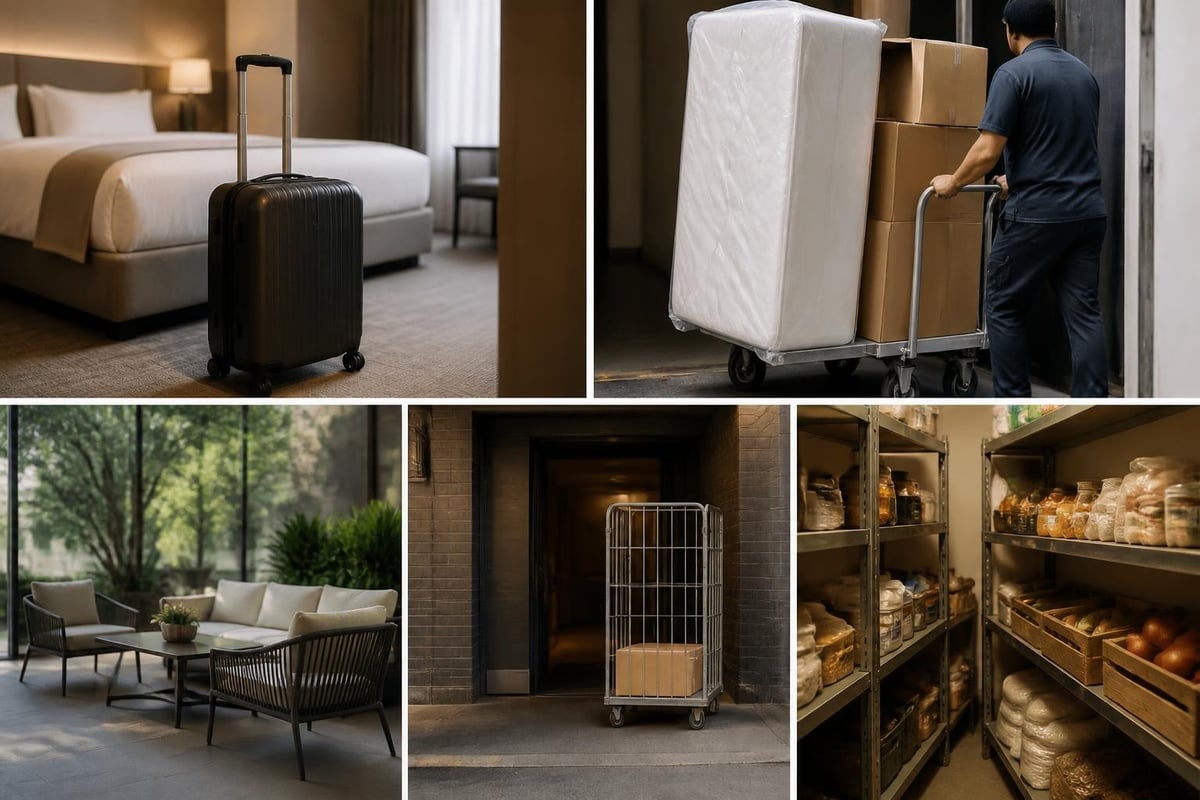 Collage zur Herkunft von Ungeziefer im Hotel: Koffer, Matratzenlieferung, Lounge, Warenannahme und Vorratslager.